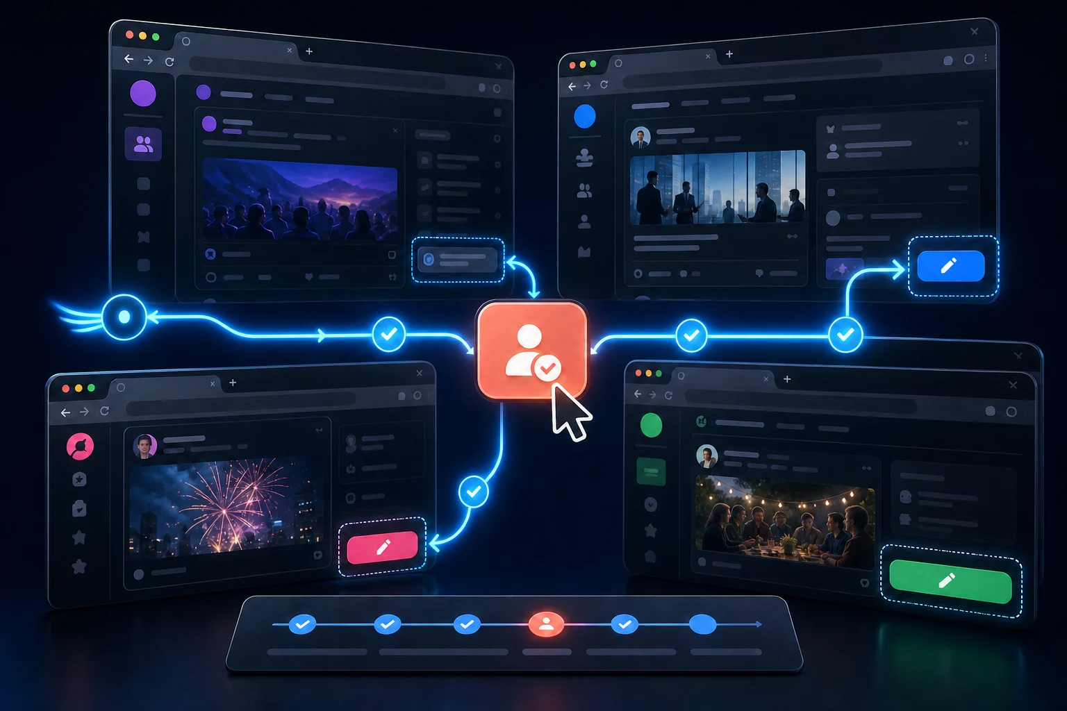 Concept illustration of an approval checkpoint before social-page actions