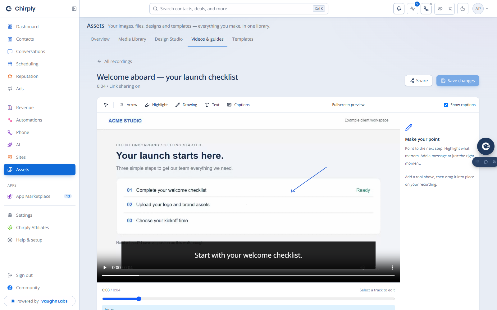 Chirply Capture editor with arrow annotation and editable captions on an example onboarding recording
