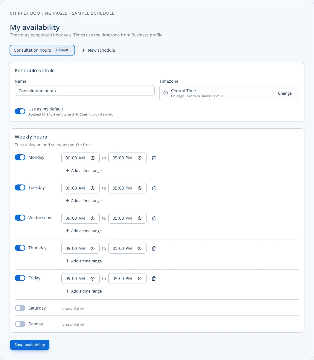 Chirply booking availability editor showing sample weekday hours and the America Chicago time zone